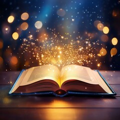 Generated image Magic, fantasy and spiritual with book and light on table for fairytale, imagination