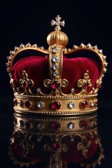 Ornate gold crown, red rubies, glittering diamonds, dark background, power, sparkle