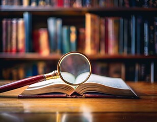 Generated image  Magnifying glass over an open book with a blurred bookshelf background, symbolizing research
