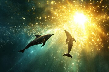 Dolphins playing with refracted sunlight in clear underwater setting
