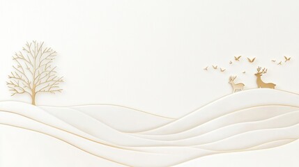 Golden deer winter scene, paper art, hills background, wall decor