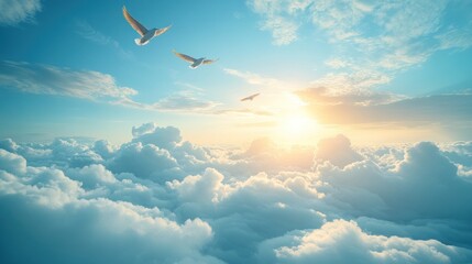 Obraz premium Two birds flying above fluffy clouds at sunset.