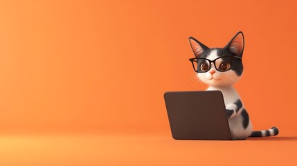 Tech-Savvy Feline: 3D Character of a Cat Wearing Glasses Working on a Laptop
