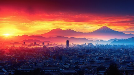 Fototapeta premium Fiery Sunrise over Cityscape and Majestic Mount Fuji