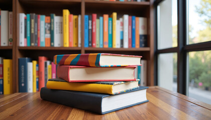 Notebook Cover Design Mockup Stacked on a Cozy Bookshelf with Colorful Books