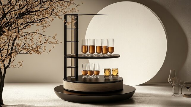 Elegant Rotating Bar Cart With Glasses Of Amber Liquid