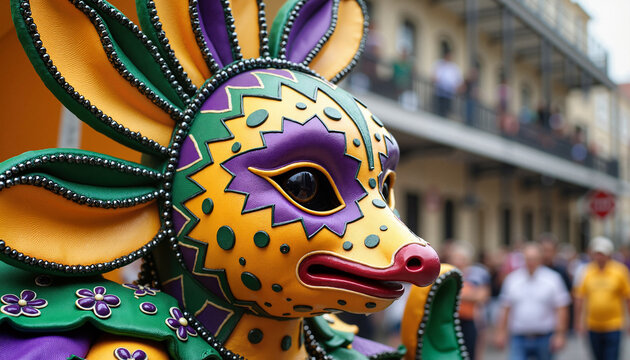 Mardi Gras colorful parade float detail featuring vibrant character in festive atmosphere, copy space