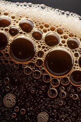 Dark and frothy beverage with bubbles close-up captured in detail, highlighting texture and carbonation. Generative AI