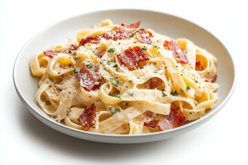 Creamy carbonara pasta topped with crispy pancetta and parmesan on a simple white plate