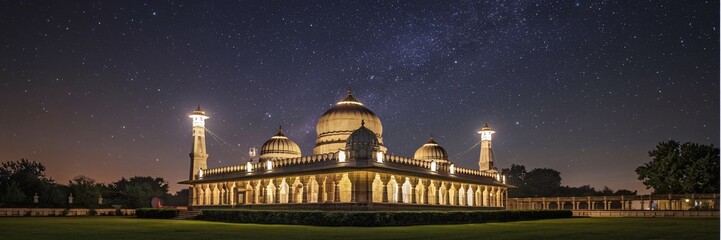 Obraz premium Illuminated Mosque under Night Sky.