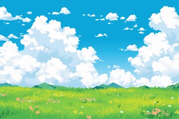 Fototapeta premium Sunny Meadow Landscape with Fluffy Clouds and Mountains