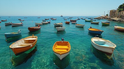 Colorful fishing boats bobbing gently in a calm, crystal-clear turquoise sea on a sunny day.