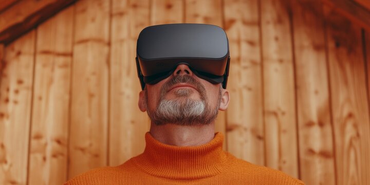 Immersive Virtual Workspace in Rustic Cabin Middle-Aged Man with VR Headset - Powered by Adobe