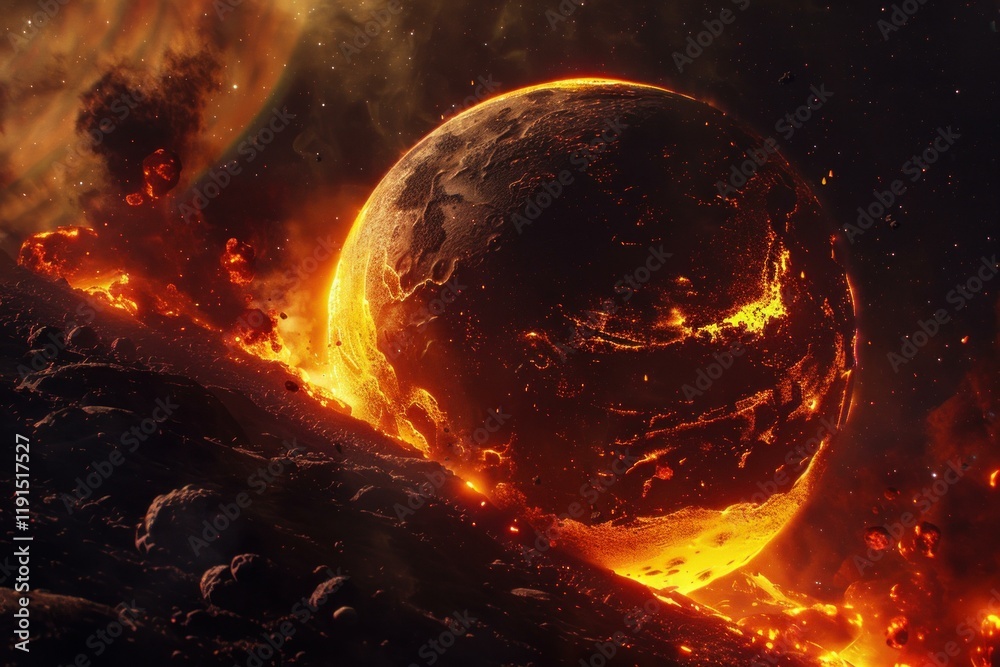 Wall mural molten lava and magma erupting from a burning planet creating a cosmic explosion