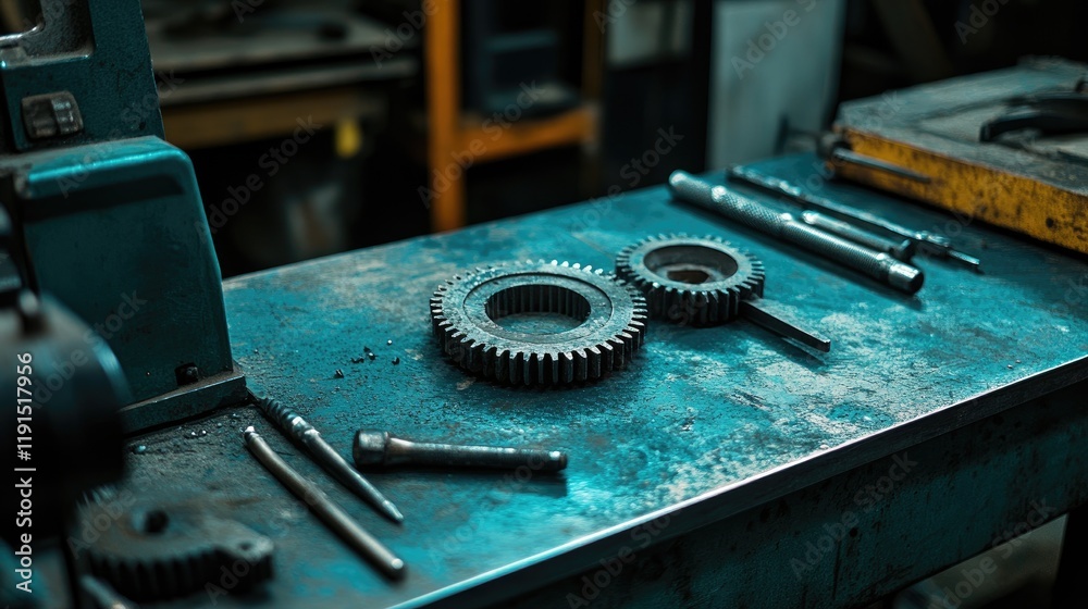 Poster metal gears and tools rest on a workshop table