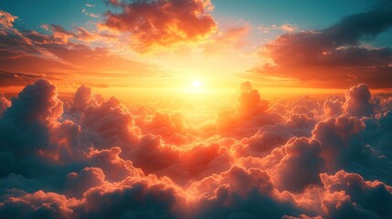 Fototapeta premium Vibrant sunset above a sea of clouds.