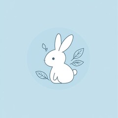 Fototapeta premium Cute bunny sitting amidst leaves, pastel background, spring design, kids' illustration