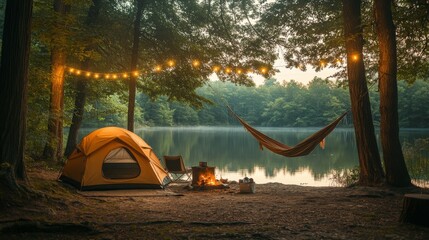 Bright yellow tent and hammock set up in a forest during a foggy morning