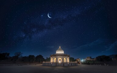 Obraz premium Illuminated pavilion under a crescent moon and starry night sky.