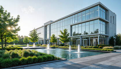 Obraz premium Modern office building with fountains and greenery