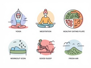 Healthy Lifestyle Icons Depict Yoga Meditation Sleep Diet And Air