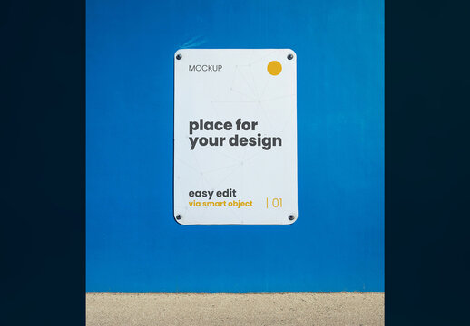 Vertical Metal Sign on Blue Street Mockup