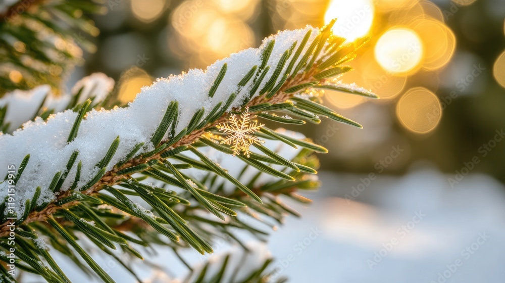 Poster A Single Snowflake Rests on a Snowy Pine Branch