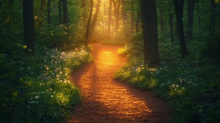 Obraz premium Golden sunlight filtering through trees on a serene forest path in the early morning