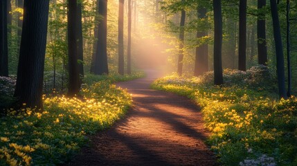 Obraz premium Golden sunlight filtering through trees on a serene forest path in the early morning
