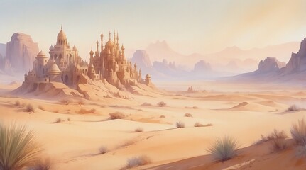 Fototapeta premium Ruined palace buried in sand, lost in a vast desert landscape