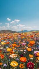 Fototapeta premium Vibrant wildflower field with a clear blue sky and fluffy clouds in a sunny season