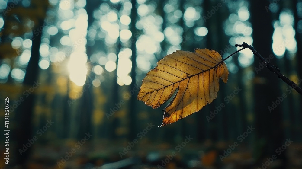 Poster single autumn leaf clinging to a branch in a forest