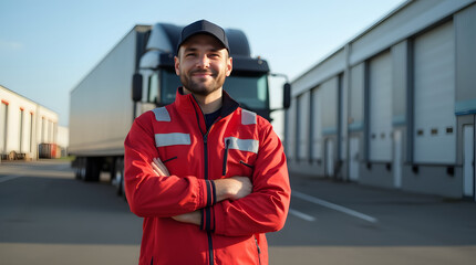 A truck driver in a red reflective jacket standing in front of a semi-truck parked outside a warehouse on a clear, sunny afternoon. The pavement is dry, and the setting feels crisp and professional