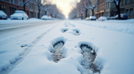 Footprints in slush, urban setting