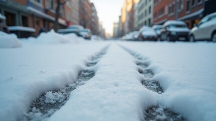 Fototapeta premium Footprints in slush, urban setting