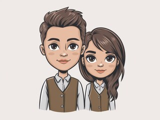 Fototapeta premium Young Couple Cartoon Portrait Wearing Matching Vests