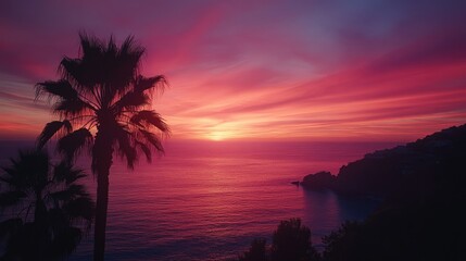 Vibrant Sunset Over Ocean With Silhouetted Palm Trees