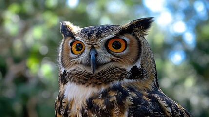 Fototapeta premium Close-Up of an Owl with Bright Orange Eyes in a Lush Forest Environment