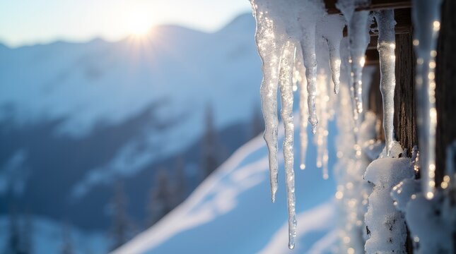 Icicles melting and dripping with a snowy mountain in the background, shot in warm sunlight in early spring, a sign of seasonal change.