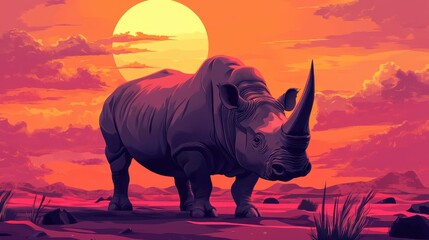 Fototapeta premium A Majestic Rhinoceros Silhouetted Against a Vibrant Sunset