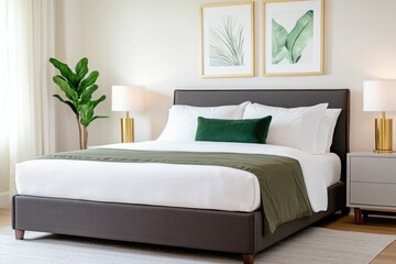 Modern minimalistic bedroom featuring dark gray-brown furniture and soft olive bed linens in a serene environment