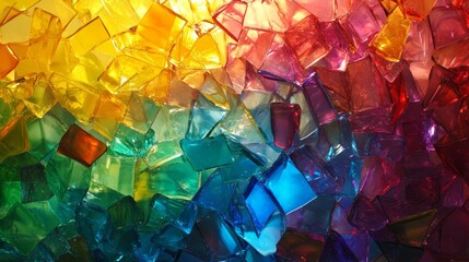 Translucent prismatic glass shards refracting rainbow light backlit