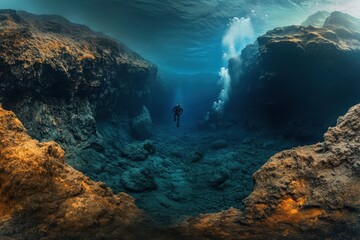 Obraz premium Underwater diver in volcanic crater serene exploration with DSLR