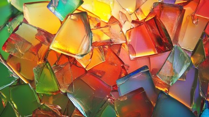 Translucent prismatic glass shards refracting rainbow light backlit