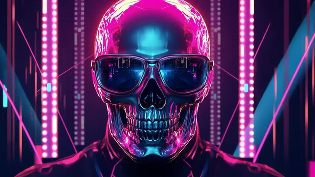 A vibrant vaporwave aesthetic neon skull wearing sunglasses, set against a futuristic background.