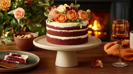 Elegant Layered Red Velvet Cake with Fresh Flowers