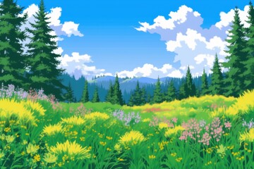Fototapeta premium Vibrant Wildflower Meadow Before Mountain Forest