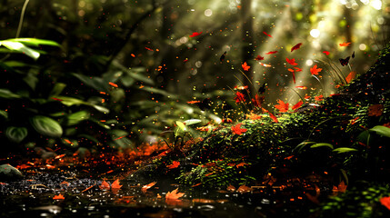 Falling leaves in the rainforest. Nature background. Selective focus