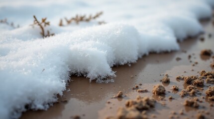 Muddy snow, winter landscape, close-up of slushy ground