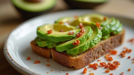 Freshly prepared avocado toast with chili flakes and sea salt, served on a white ceramic plate, photographed in natural morning light.